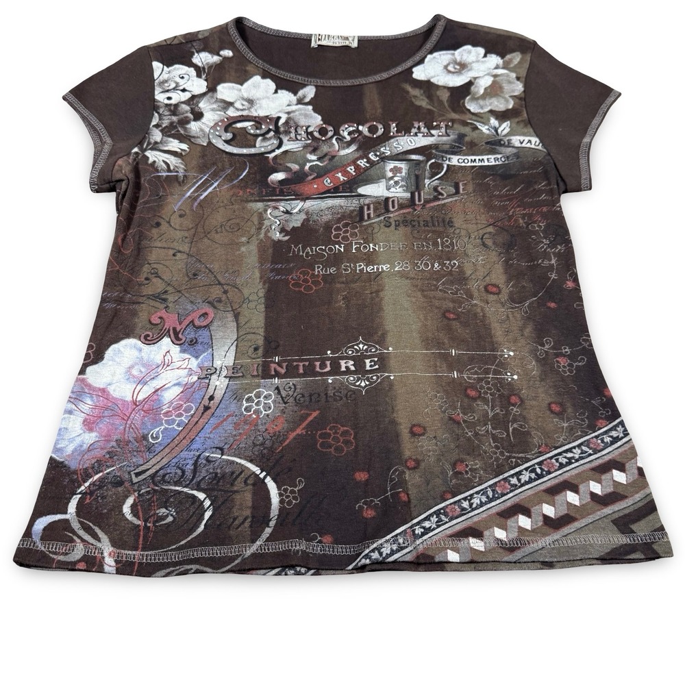 VTG Blue Canyon Y2K Paris Cafe Graphic T‎ Shirt PL Brown Rhinestone Fairy Grunge